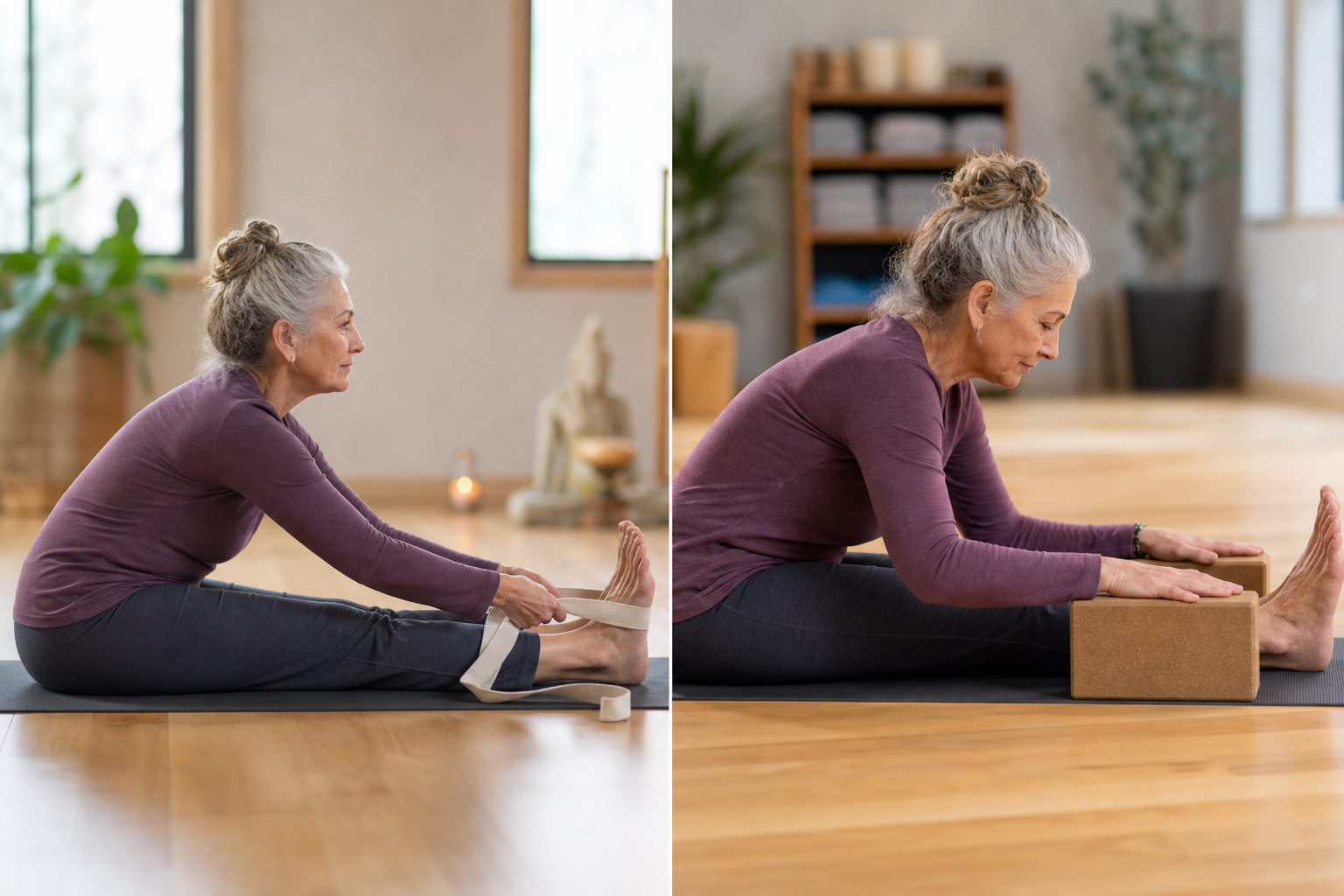 Senior woman demonstrating modified yoga pose using yoga strap and blocks for support