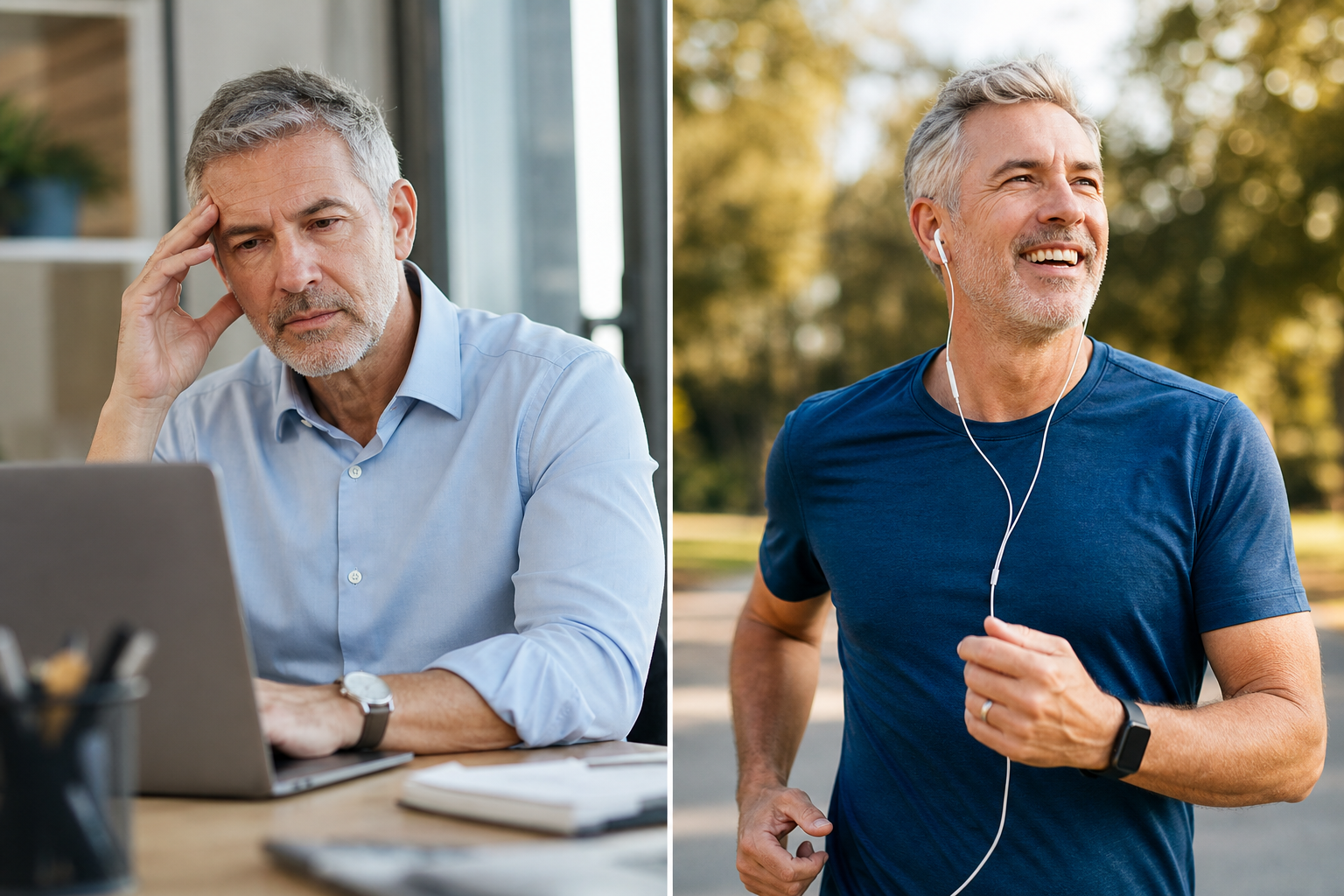 Comparison of a retiree before and after retirement showing physical transformation
