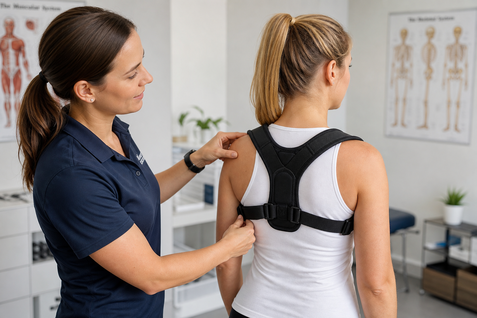 Physical therapist helping patient properly fit and adjust a posture corrector