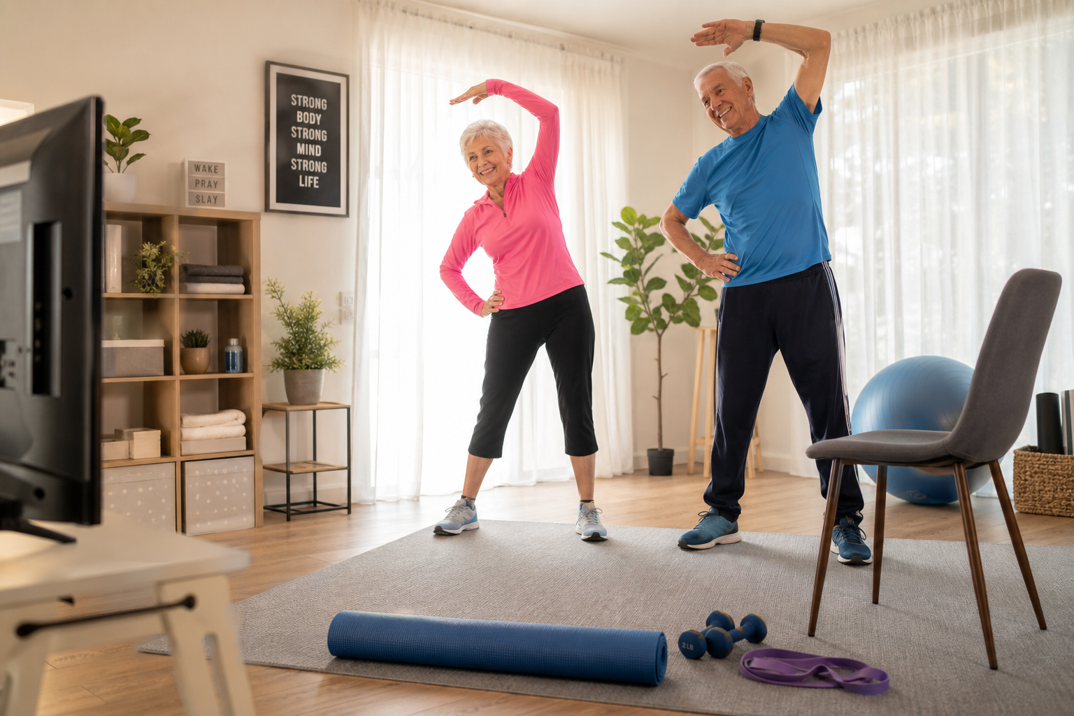 Well-organized home exercise space with senior couple working out together with proper equipment and setup