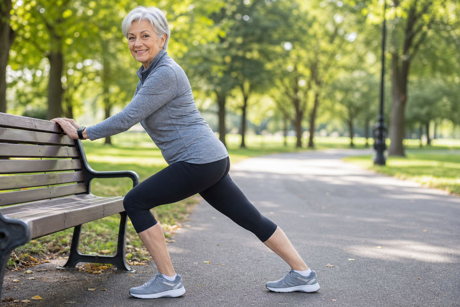 Senior woman stretching safely before walking exercise