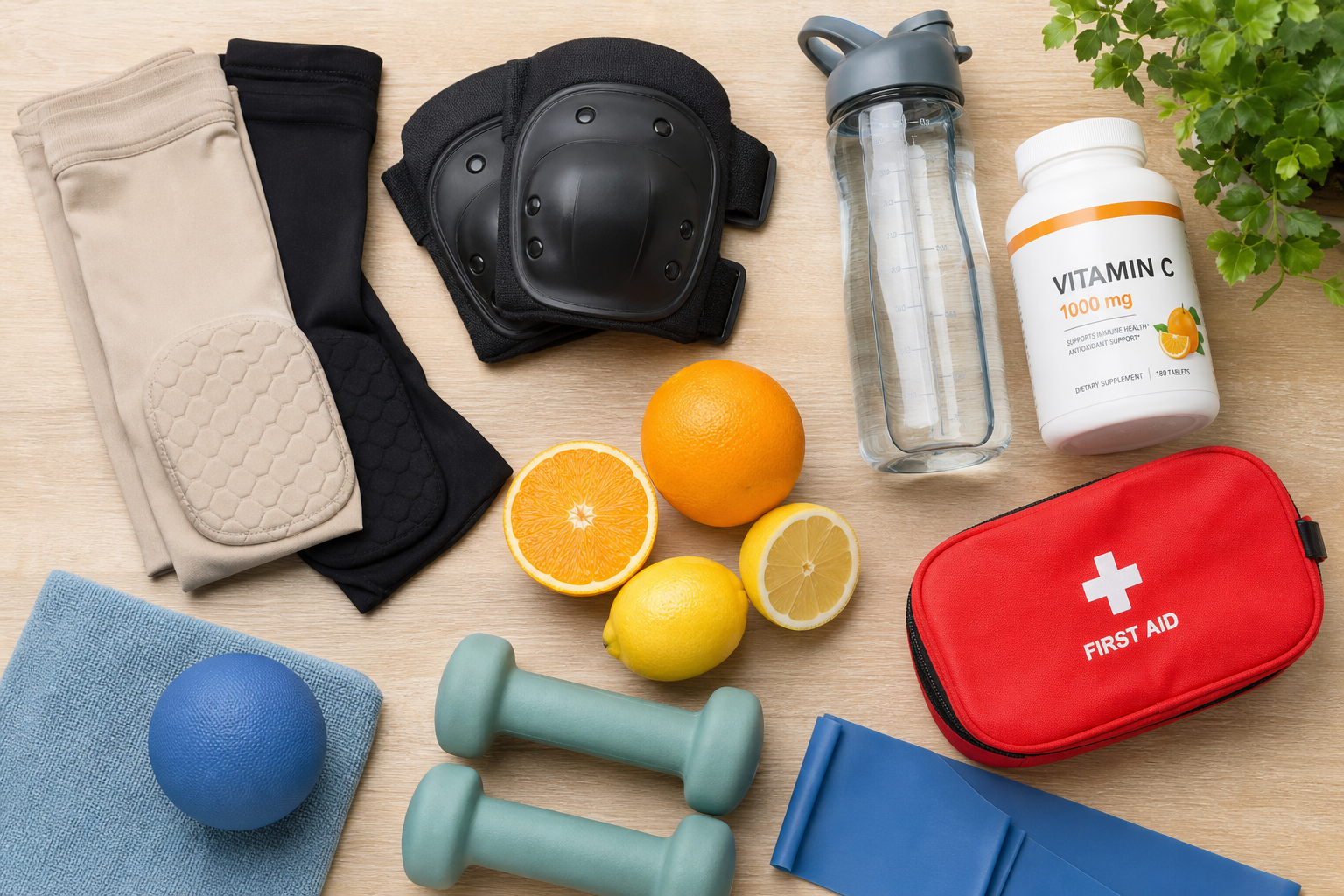 Protective gear and nutritional supplements arranged to show bruise prevention methods for seniors
