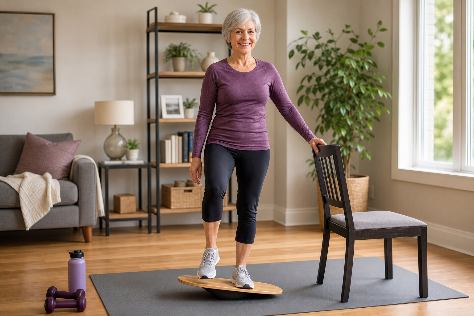 Senior woman safely practicing on a balance board while holding a chair for support