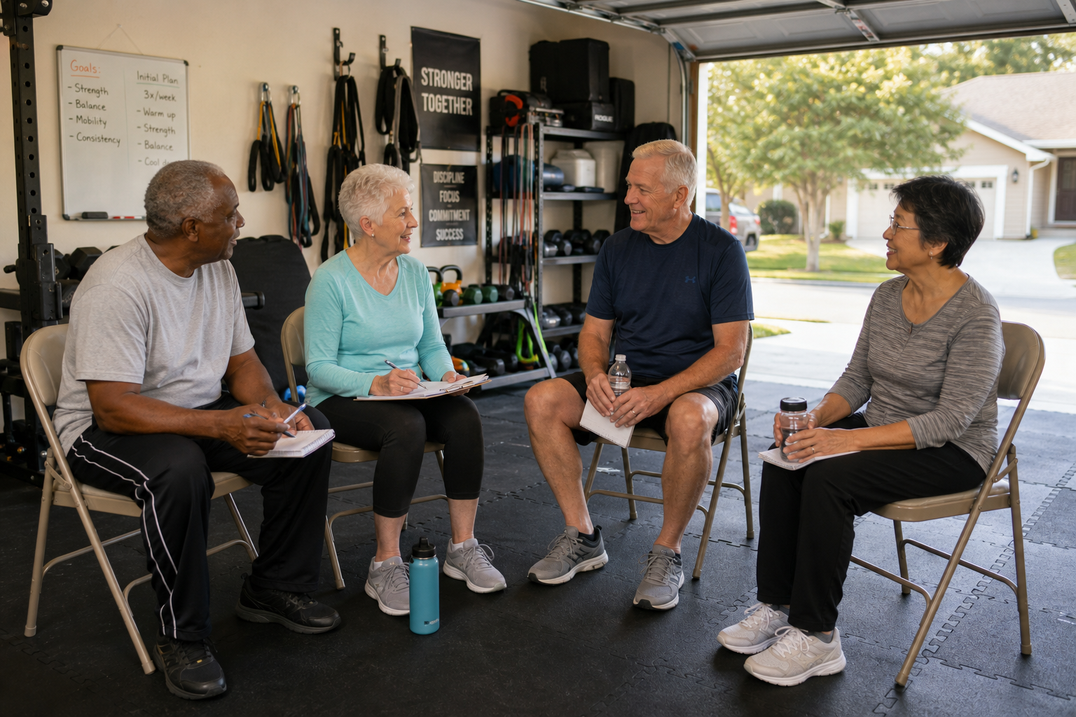 Seniors meeting in a garage gym to plan and organize their exercise support group