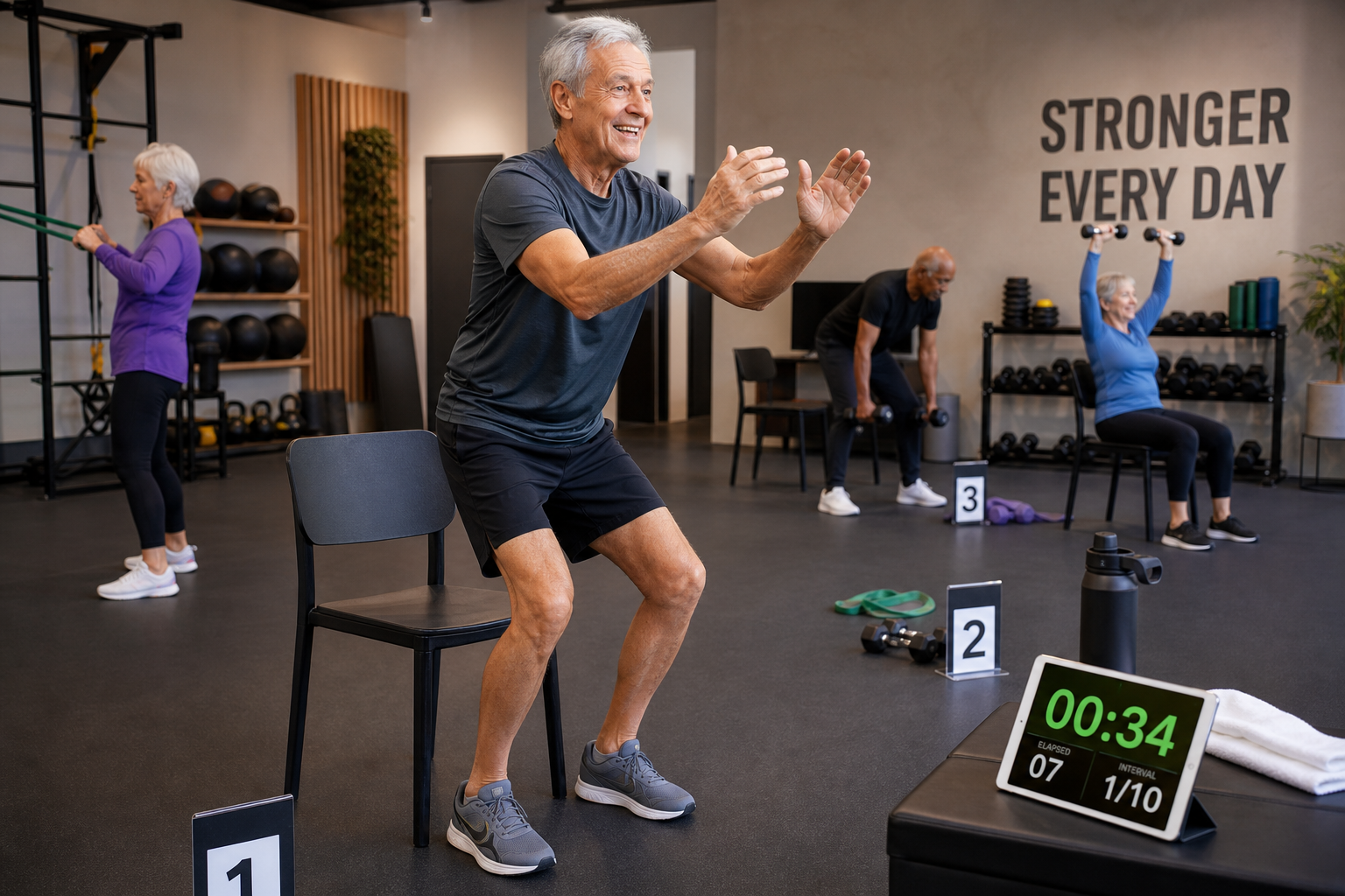 Senior man performing circuit-style power training exercises in an organized gym setting