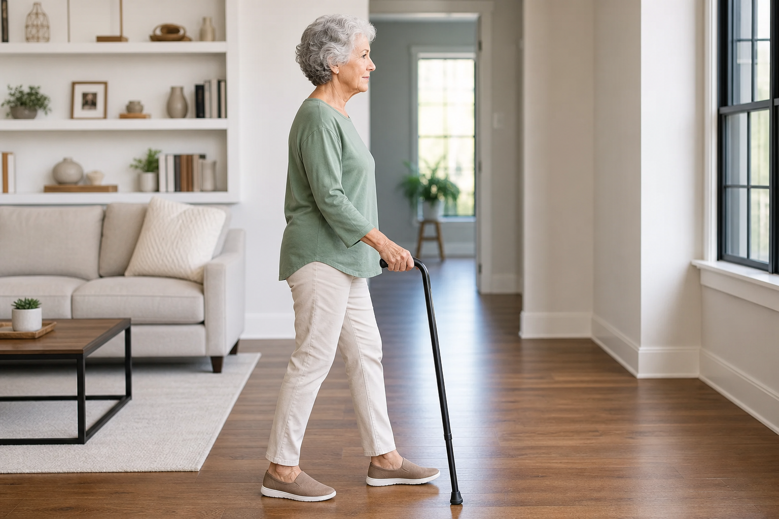 Senior woman demonstrating correct cane walking technique with proper posture and positioning