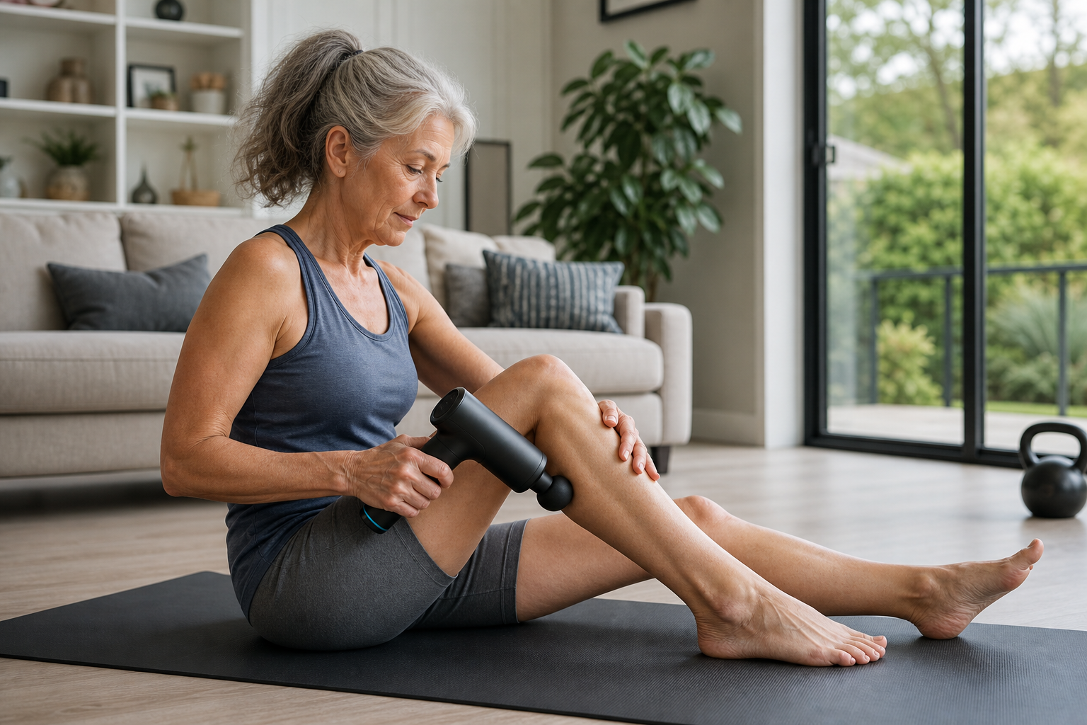 Senior woman safely using a massage gun on her leg while seated on a yoga mat