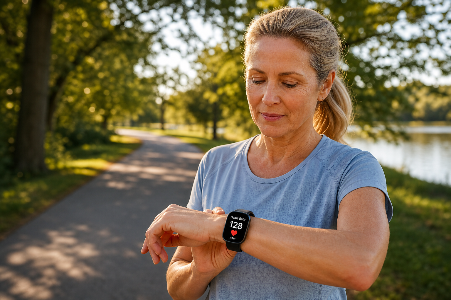 Woman monitoring heart rate on fitness watch during moderate outdoor exercise
