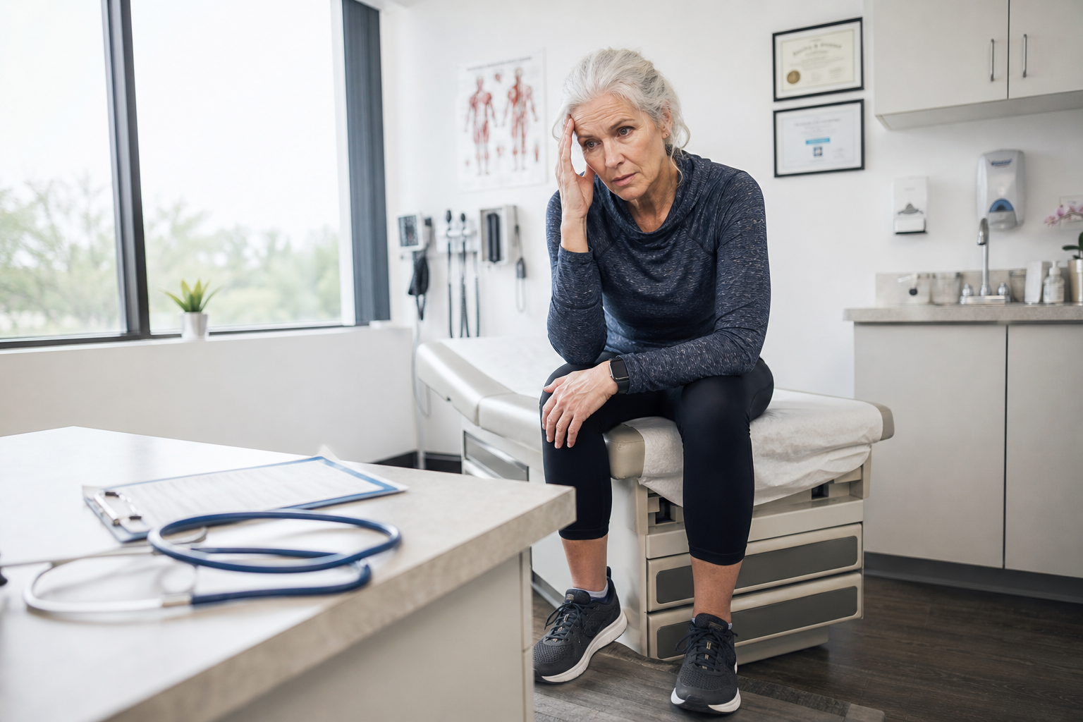 Senior woman in workout clothes looking fatigued during medical consultation