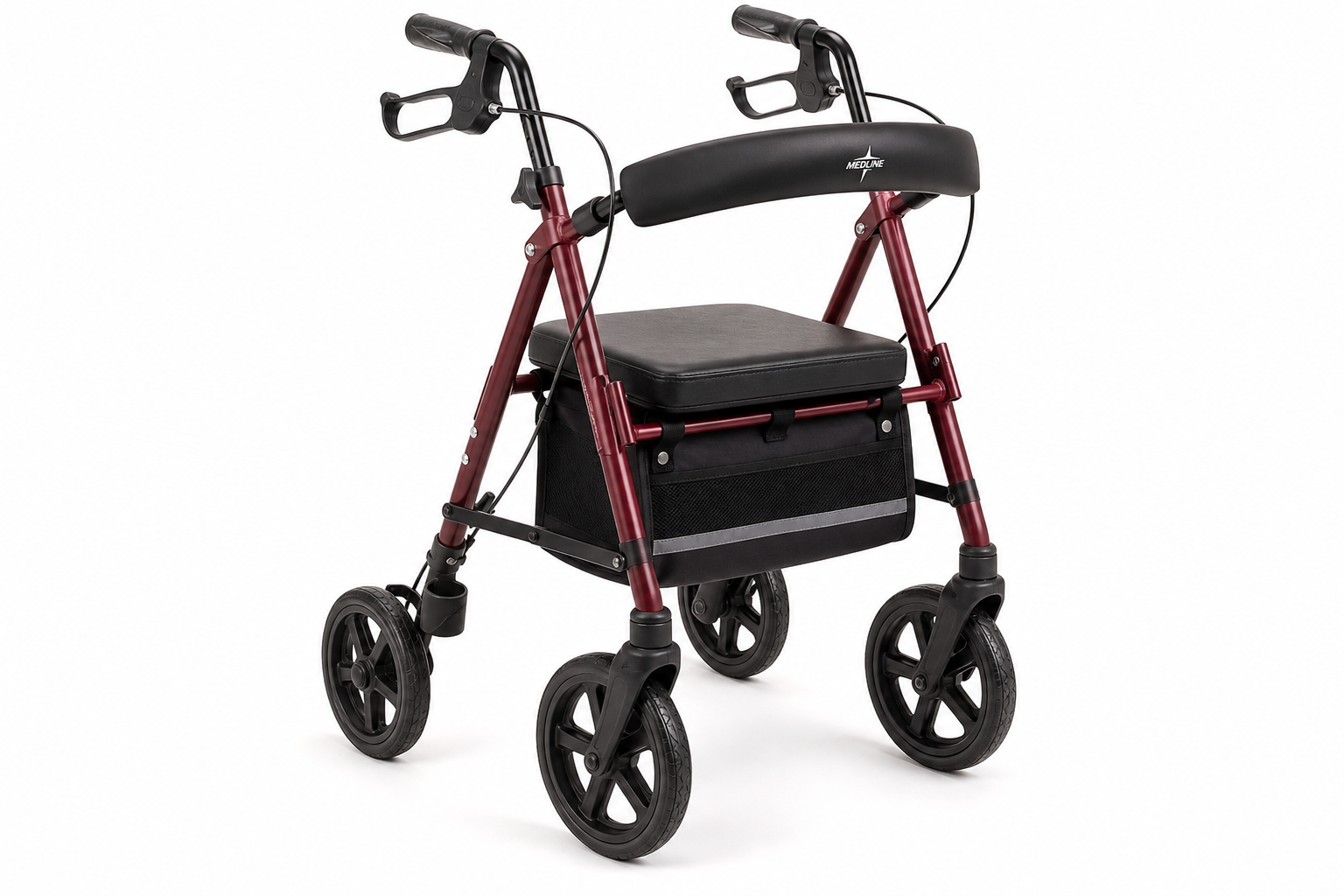 Modern lightweight rollator walker showing ergonomic features and design details