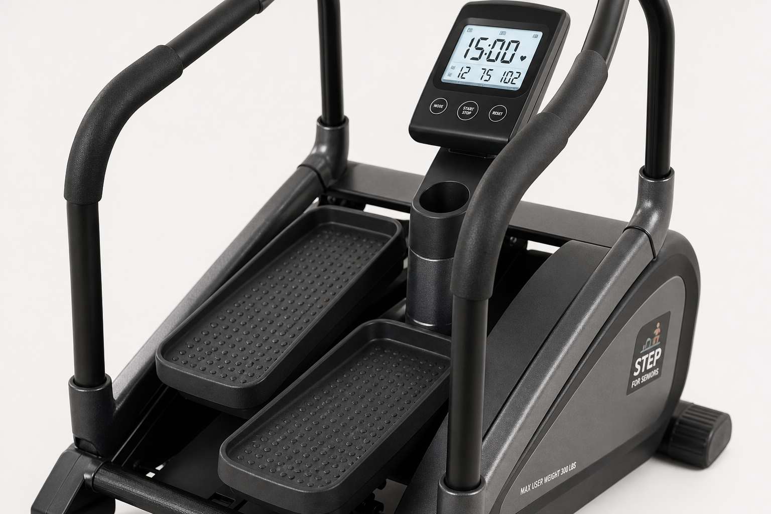 Stair stepper machine showing senior-friendly safety features including handrails and non-slip pedals