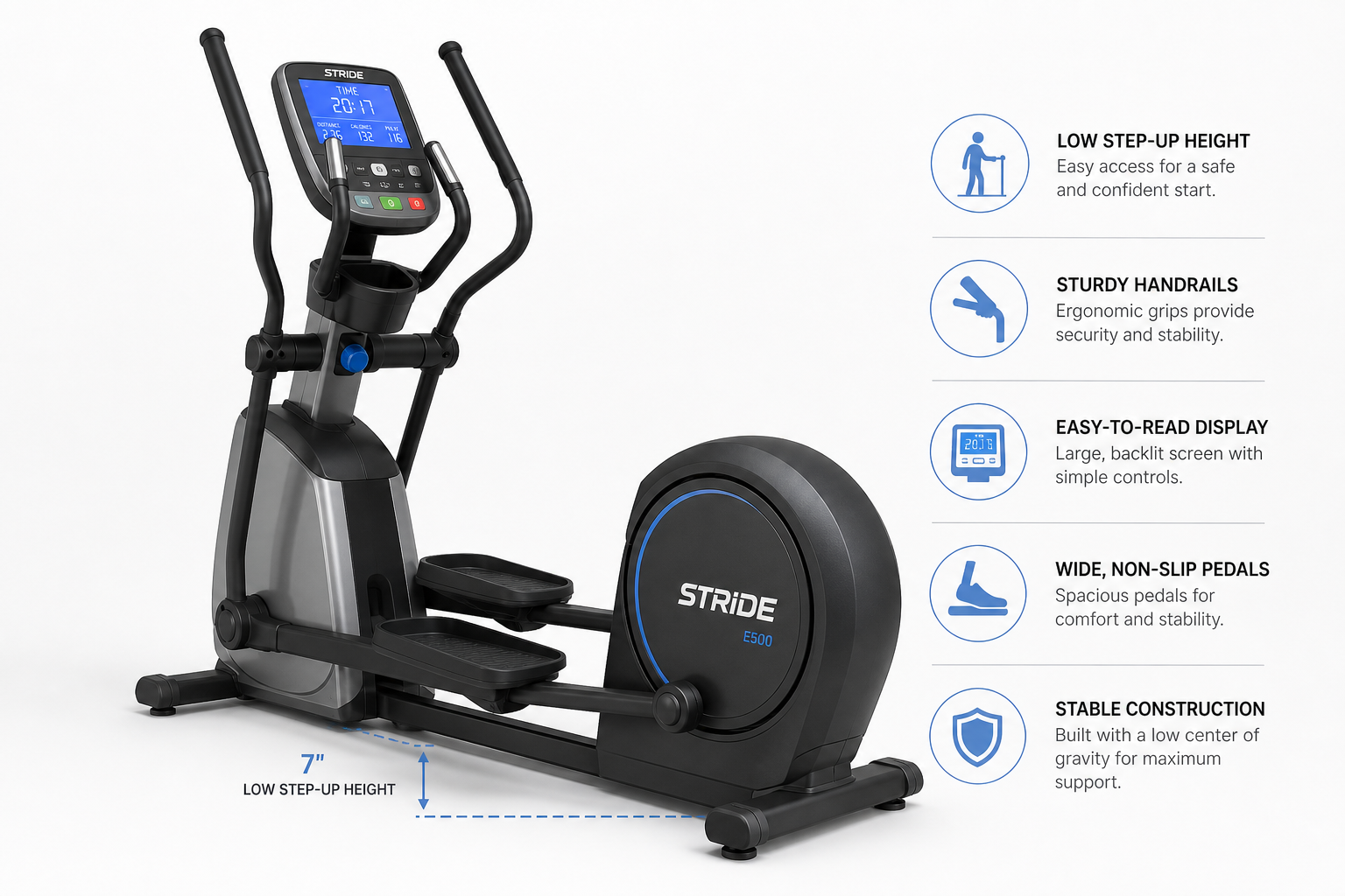 Modern elliptical machine showcasing senior-friendly features like low entry and sturdy handrails