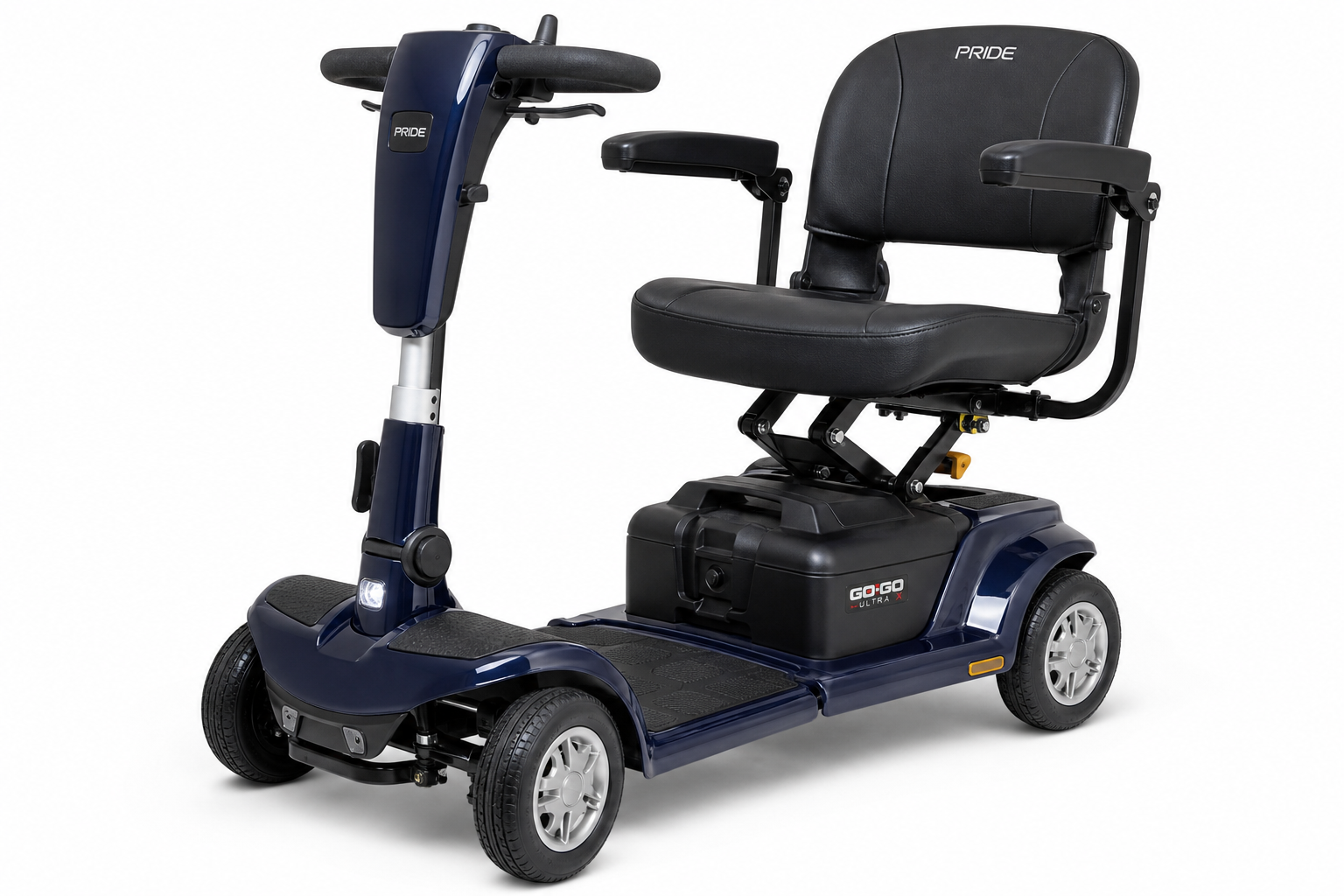 Detailed view of travel scooter features including controls, seat, and folding mechanism