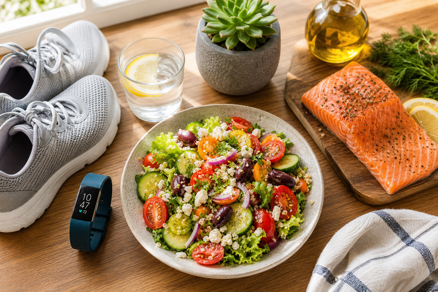 Healthy lifestyle elements including nutritious food, water, and exercise equipment on kitchen counter