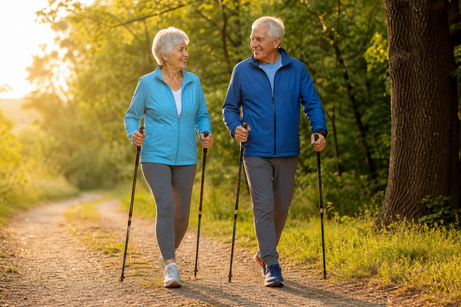 Active senior couple walking outdoors at a sustainable pace