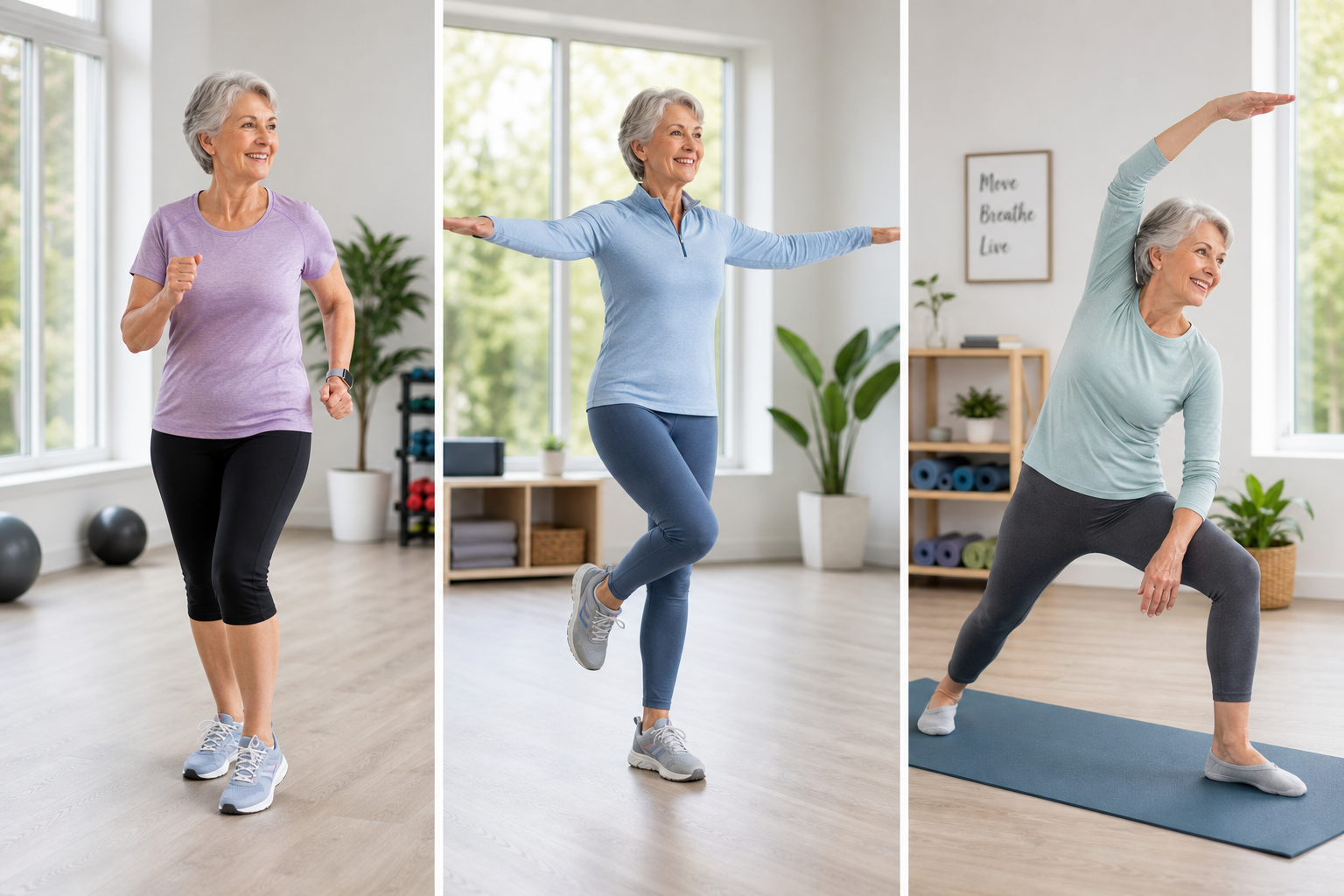 Senior woman demonstrating different indoor exercises with appropriate footwear for each activity type