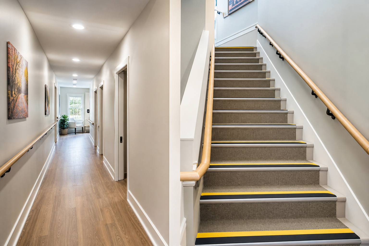 Safe hallway and staircase with handrails, non-slip treads, and proper lighting