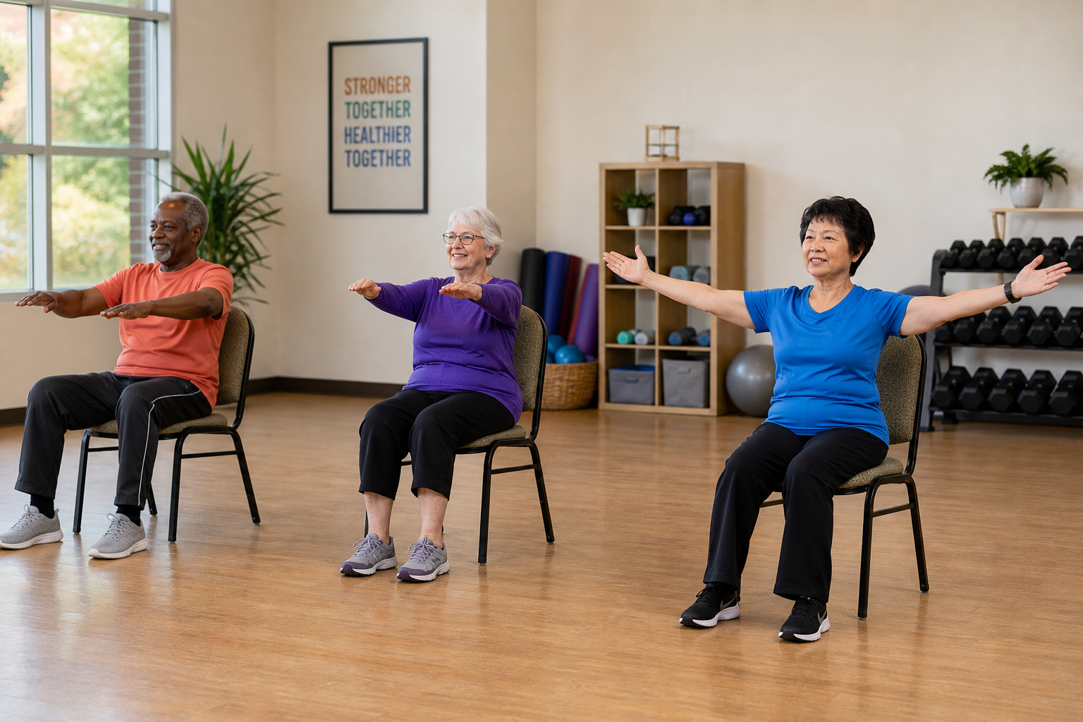 Three seniors demonstrating different modification levels of the same chair exercise