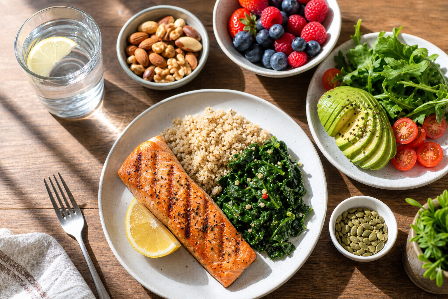 Overhead view of a balanced, nutritious meal with salmon, whole grains, vegetables, and healthy fats for endurance