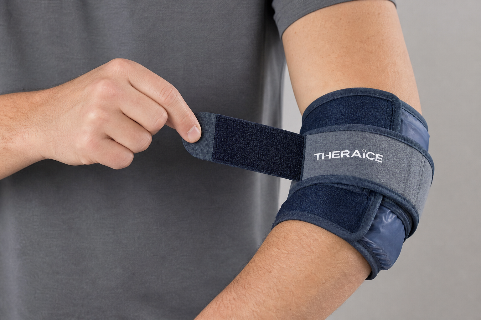 Demonstration of one-handed cold therapy wrap application technique on forearm