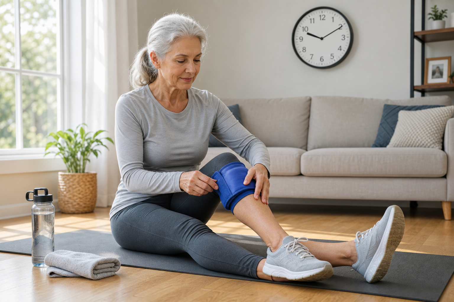 Senior woman applying cold therapy wrap to knee while sitting on exercise mat