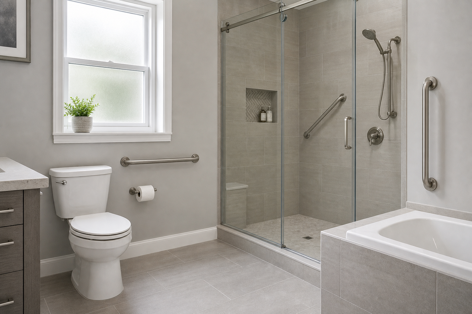Bathroom showing optimal grab bar placement near toilet, shower, and bathtub