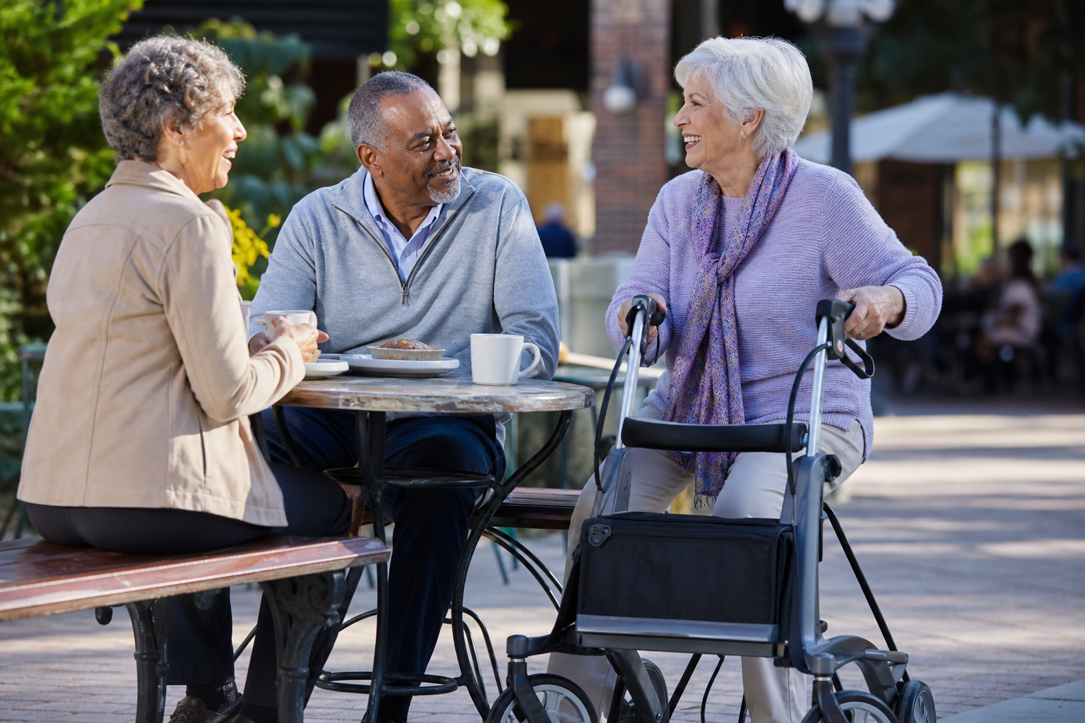Seniors socializing together with one person confidently using a rollator walker