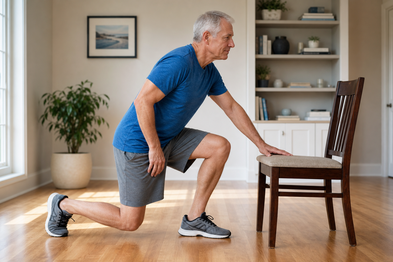 Senior man using chair support to transition from floor to standing position