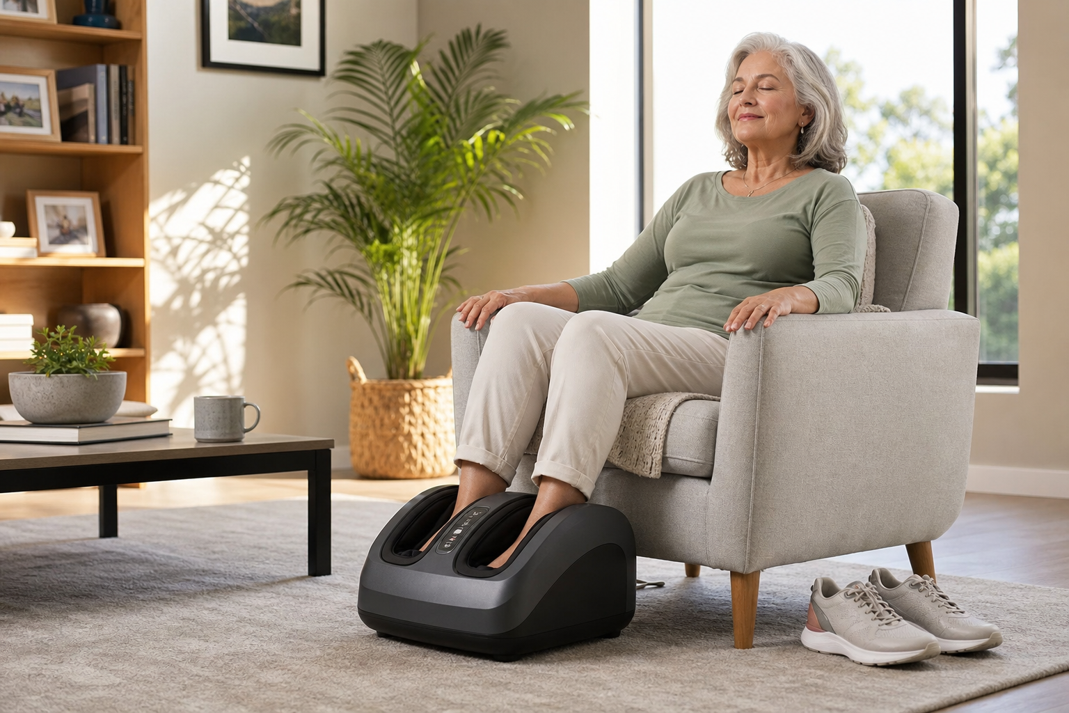 Senior woman relaxing in armchair while using foot massager after walking
