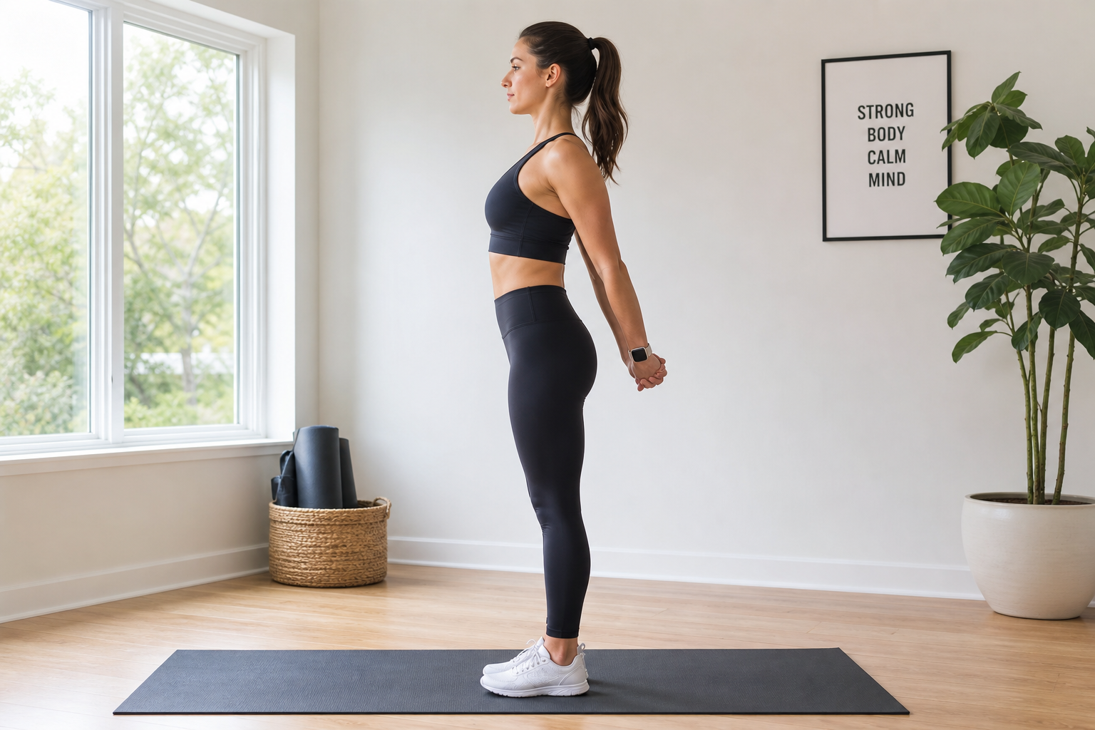 Woman demonstrating proper form for a posture-strengthening shoulder exercise