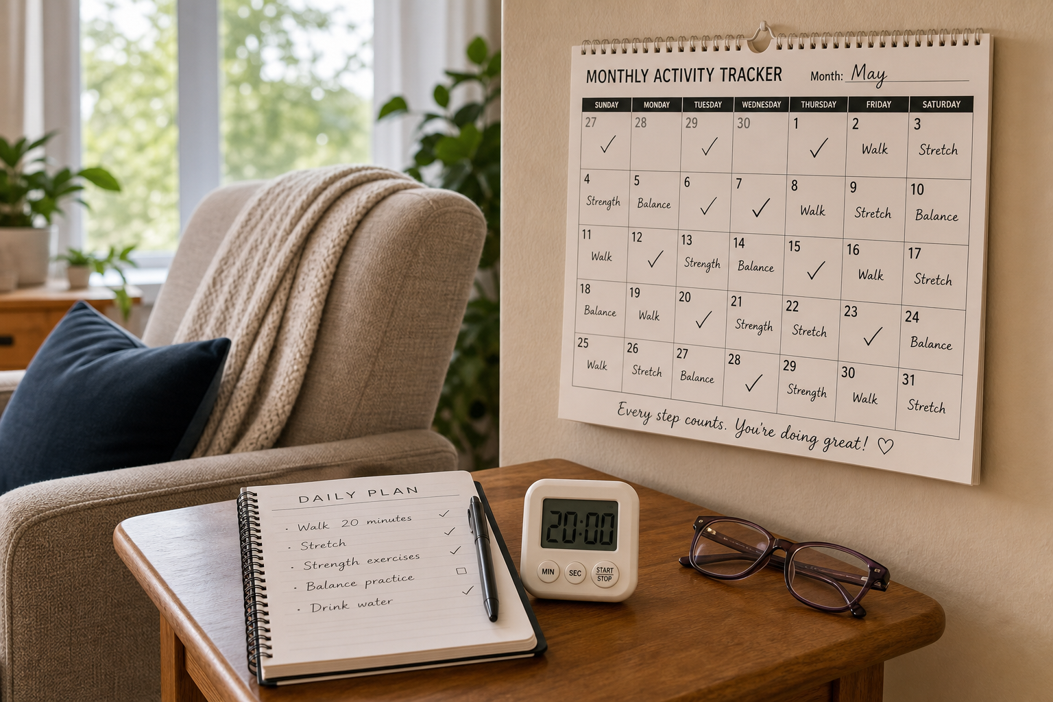 Home exercise corner with accessible tracking tools including notebook, timer, and wall calendar
