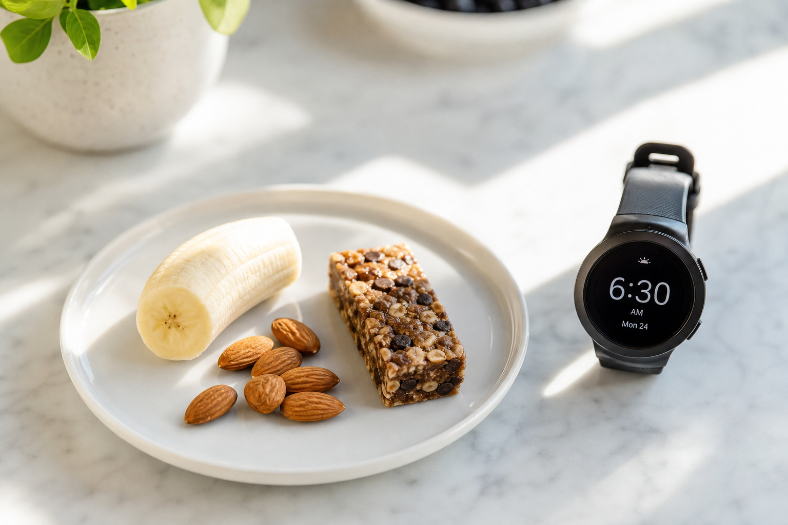 Healthy pre-workout mini-meal with banana and nuts next to fitness watch