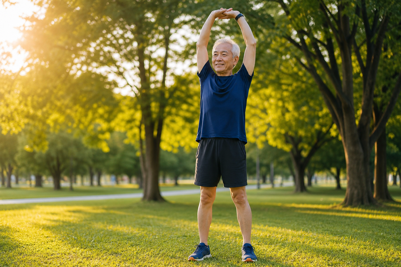 Senior man doing warm-up stretches in park to prevent exercise headaches