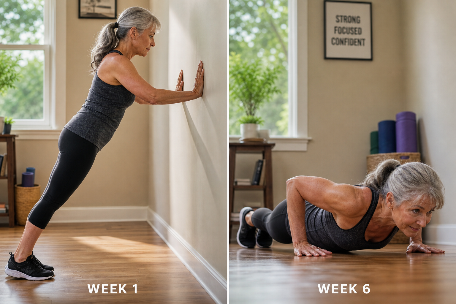 Senior woman demonstrating workout progression from wall push-ups to floor push-ups