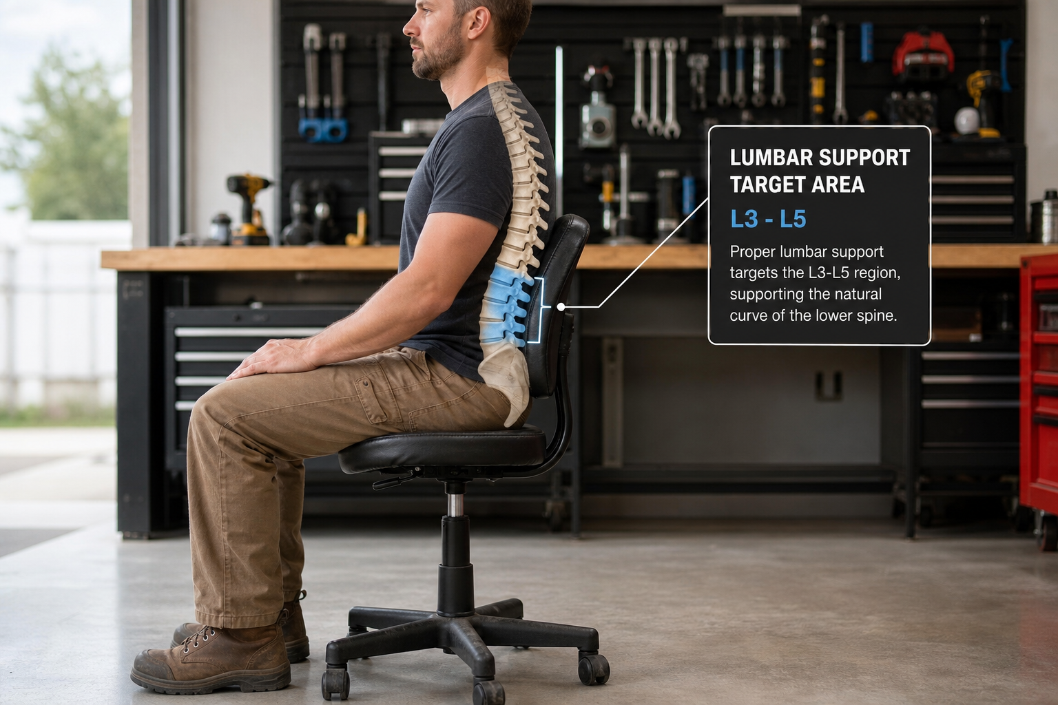 Proper placement of lumbar support cushion on lower back while seated in workshop chair