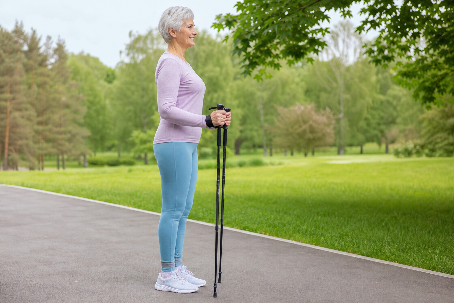 Senior woman demonstrating correct walking pole height with elbows at 90-degree angle