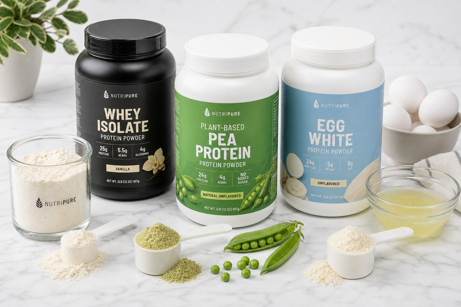 Different types of protein powders with their natural ingredient sources displayed on marble counter