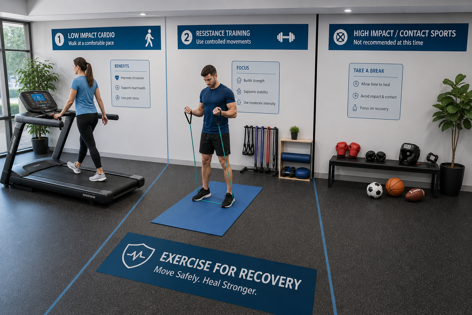 Three exercise scenarios showing safe, cautious, and activities to avoid while on blood thinners