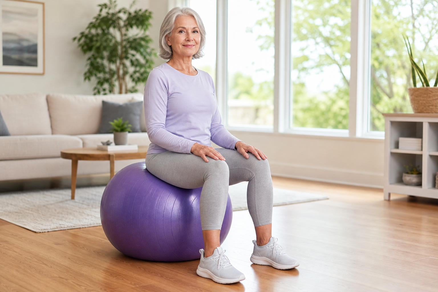 Senior woman demonstrating proper seated posture on an exercise ball in a bright home setting
