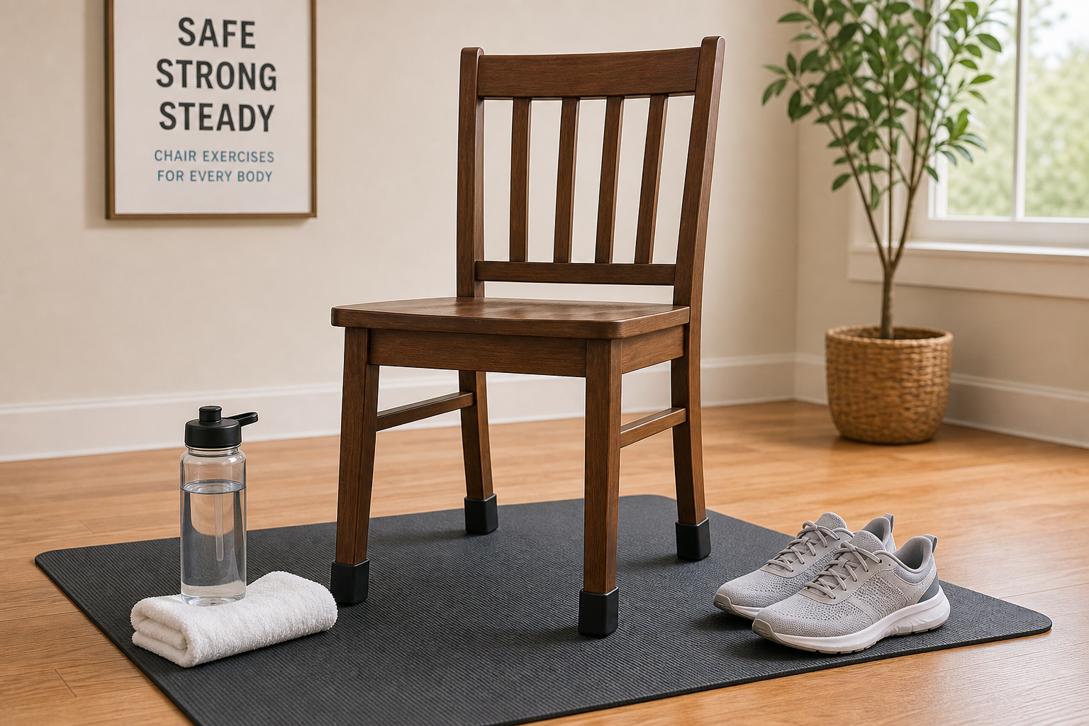 Proper chair exercise setup showing stable chair on non-slip mat with safety equipment nearby
