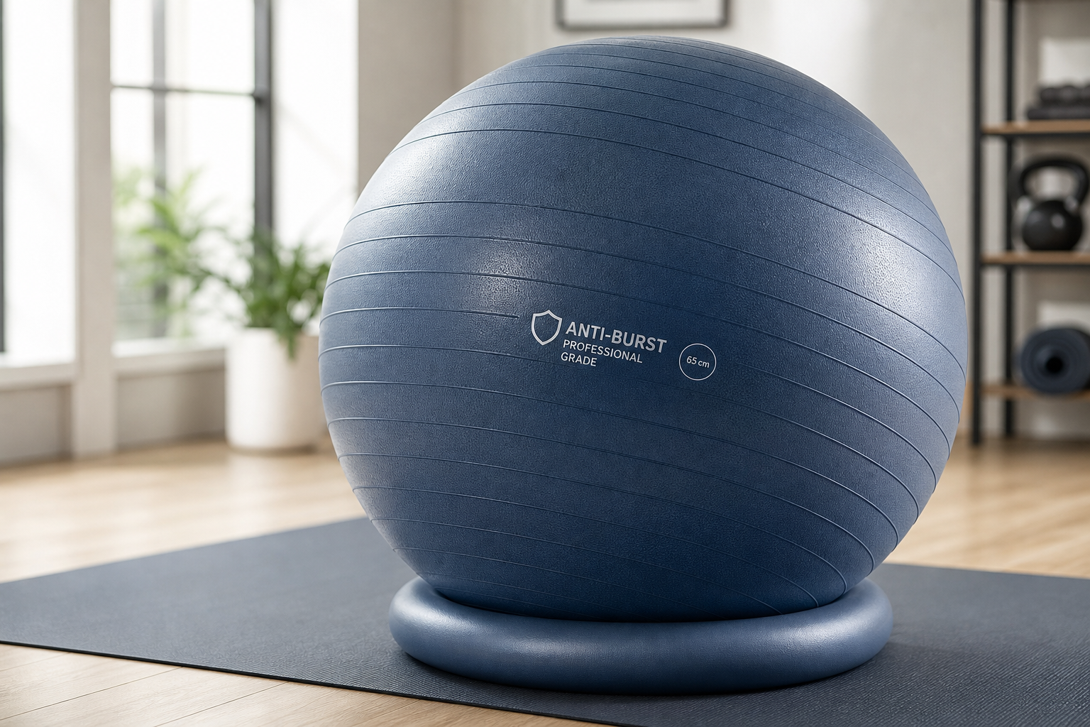 Close-up of an exercise ball showing anti-burst construction and textured grip surface with stability ring