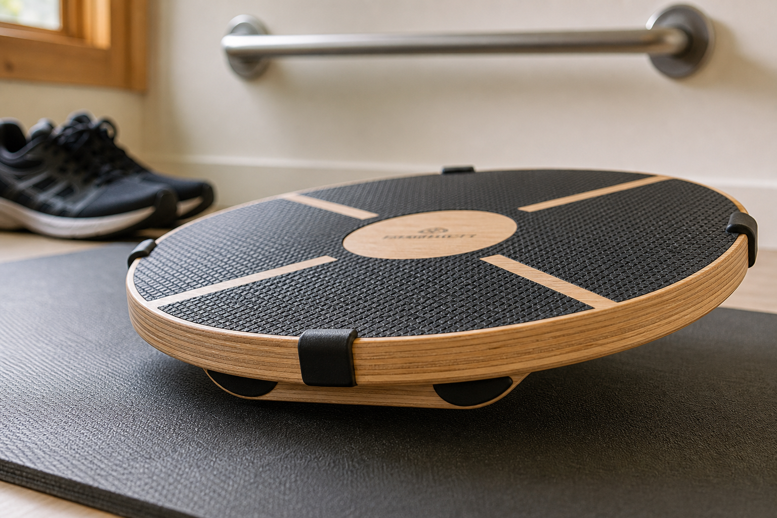 Balance board showing safety features including non-slip surface and rubber grips