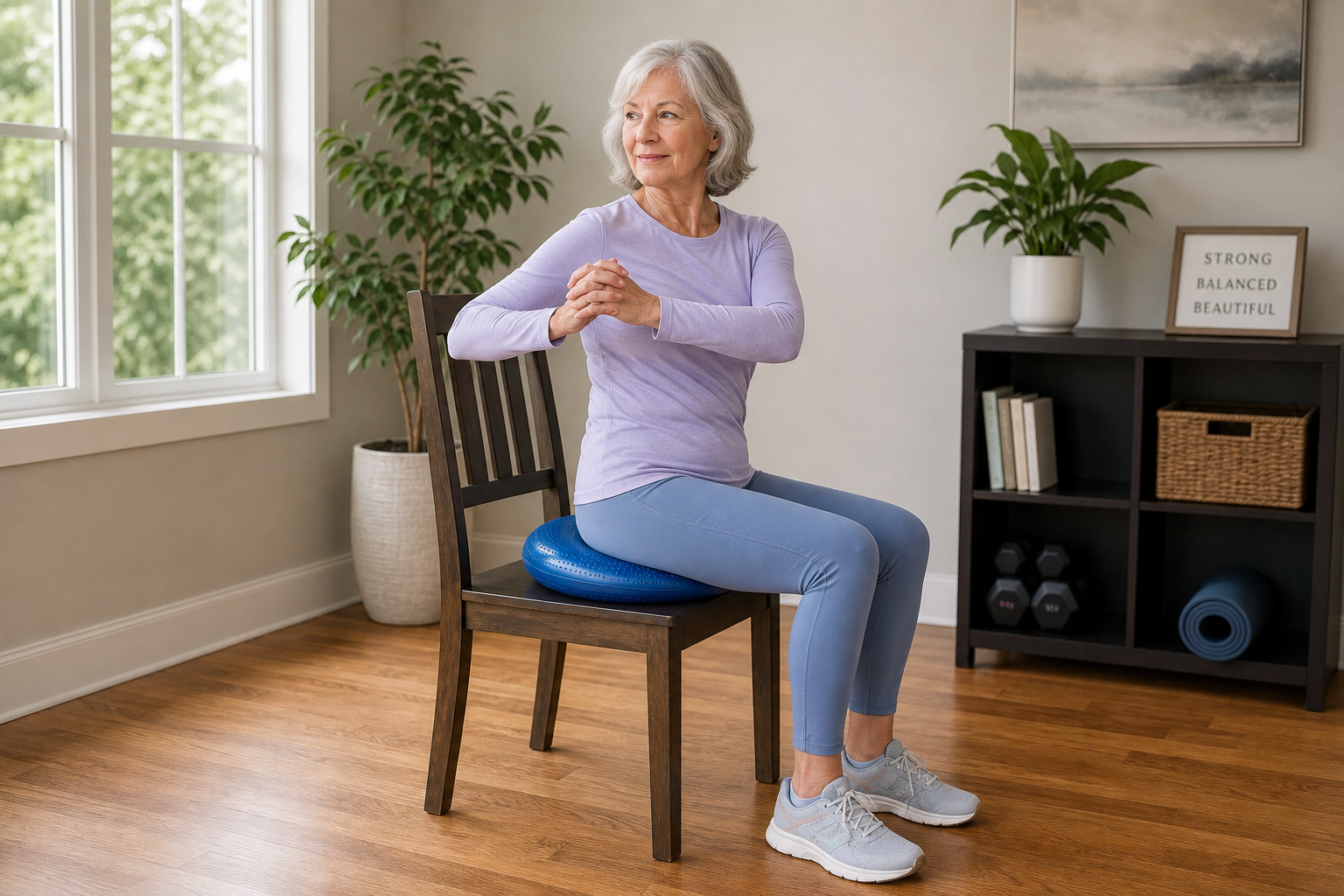 Senior woman performing seated core rotation exercise while sitting on a balance cushion