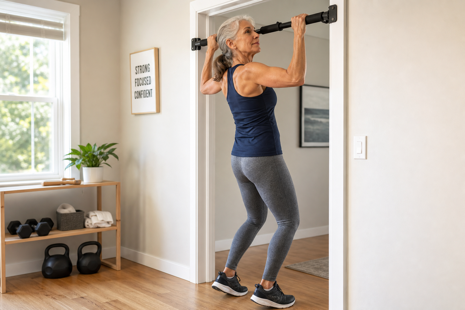 Senior woman demonstrating proper form for an assisted pull-up exercise on a doorway bar