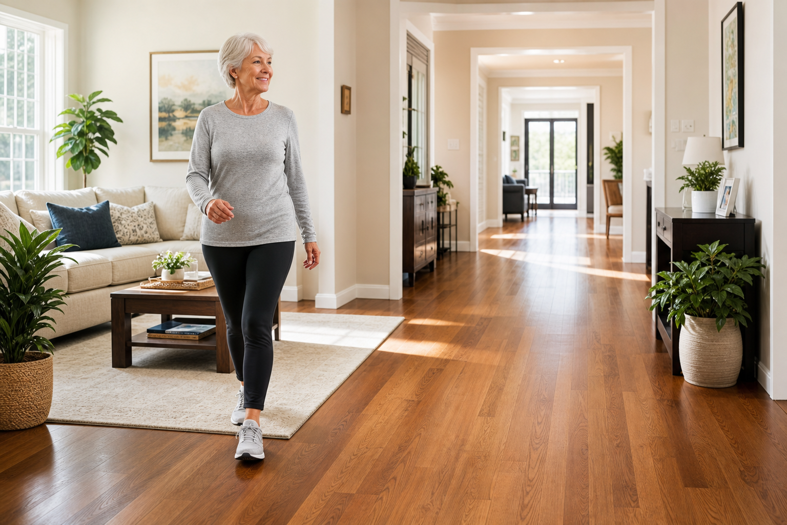 Senior woman walking through a clear indoor route in a well-lit home