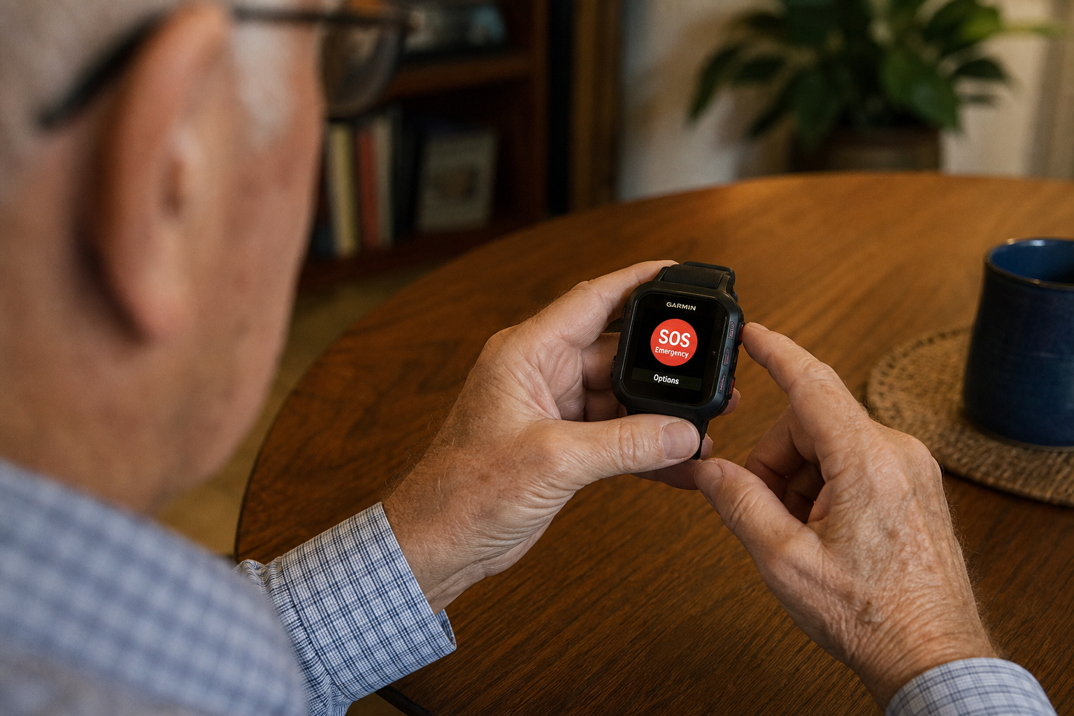 Senior person configuring emergency safety features on GPS watch