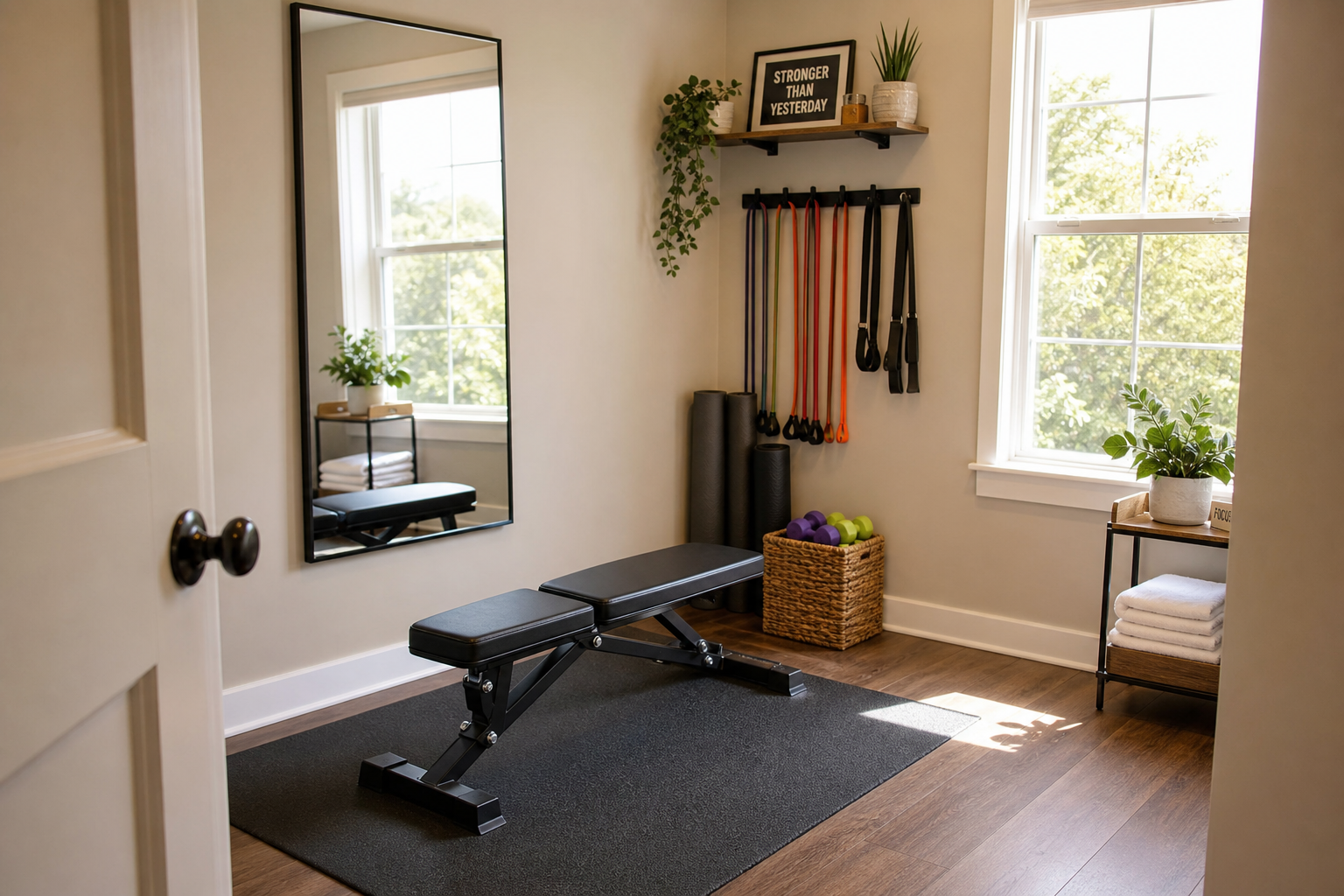 Well-organized compact home gym setup in a small room with efficient storage and layout