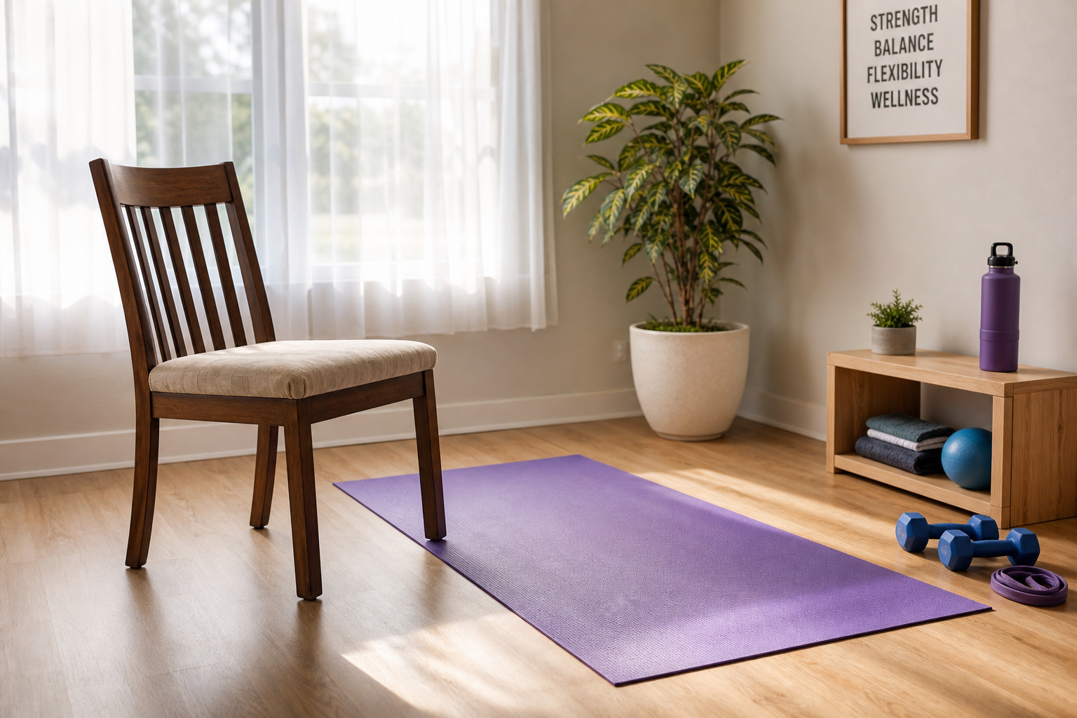 Clean, well-lit home workout space with yoga mat, chair, and minimal equipment
