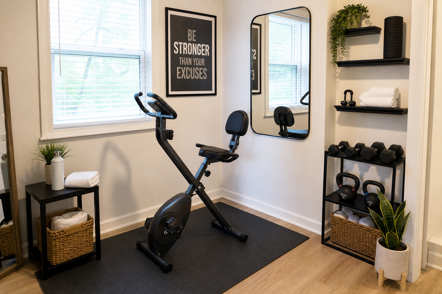 Compact home workout space with exercise bike in small apartment corner