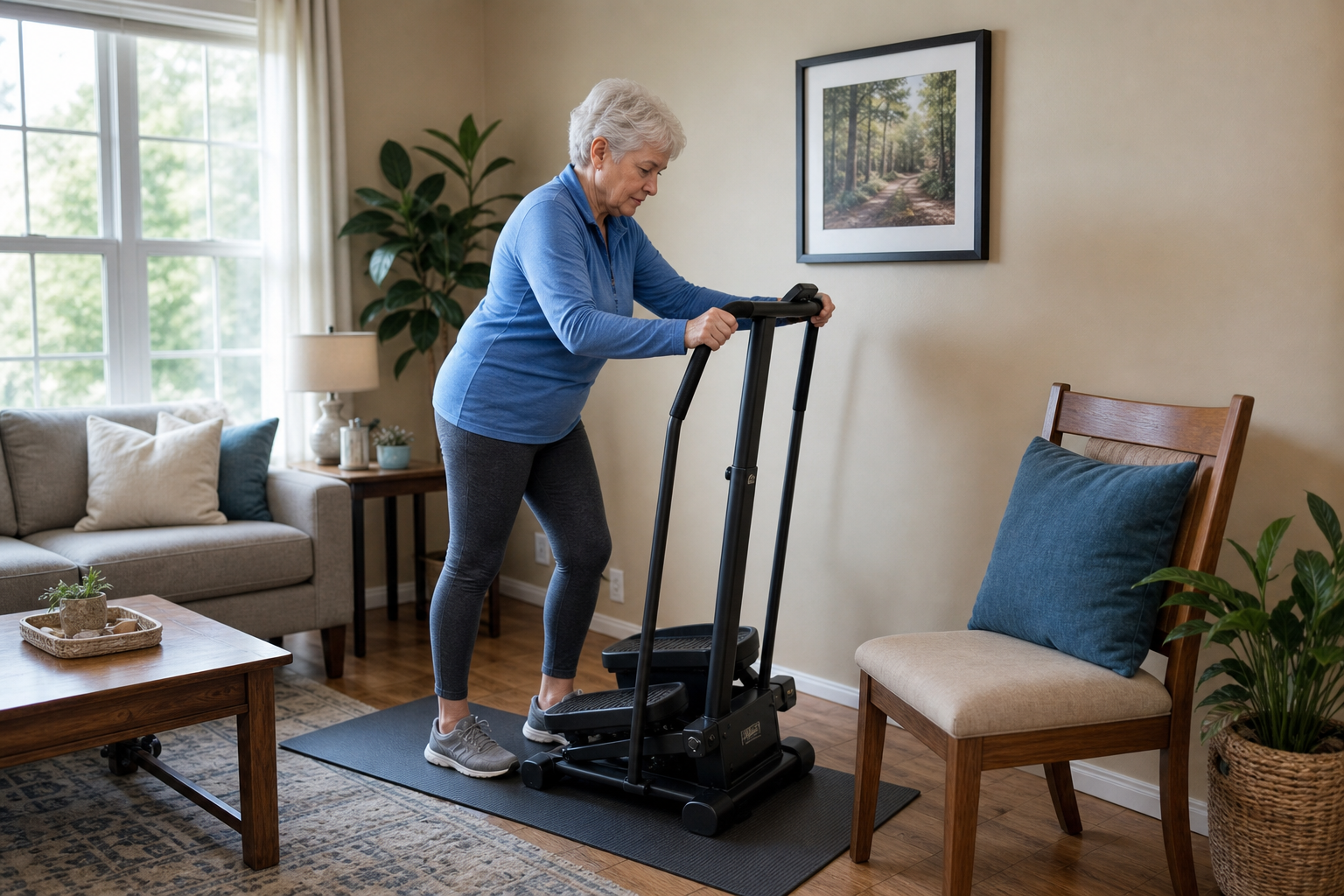 Senior woman safely setting up a stair stepper machine in a well-lit home environment